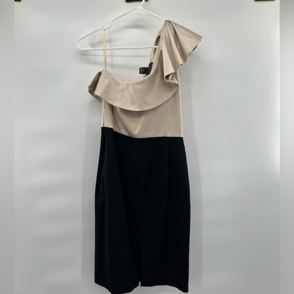 White House Black Market color block brown black one shoulder dress size 2
